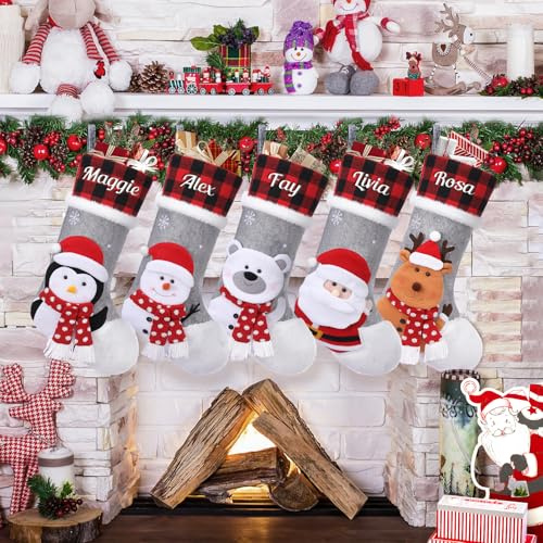 NIBESSER Personalised Christmas Stocking with Name Pack of 5 Large Christmas Stockings Hanging Gift Bag Fireplace Socks Xmas Gift Bag for Family Party Decoration