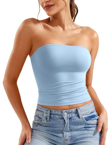 ZAAYYO axelbandslös tubtopp dam bandeau topp Y2K slim fit sommar crop toppar, Ljusblå, M