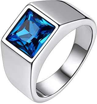 Bestyle Ring Herren mit Stein 8 * 8mm Quadrat Schliff Edelstein Blauer Saphir Band Ring Edelstahl Gothic-Ring Siegelring Fingerring für Papa Vater Männer,Silber,Größe 54