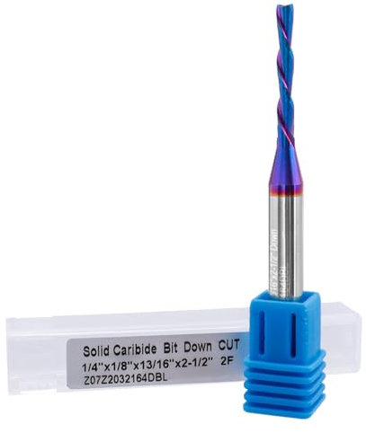 Mesee Dowcut Spiral Router Bit 2 Flute CNC End Mill 1/4 Inch Shank Flat Nose End Mill Bit Nano Blue Coating Carbide CNC Router Bit 13/16 Cutting Length Wood Carving End Milling Tool, 1/8 Cutting Dia