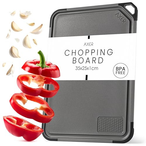Axer Planche a Decouper Plastique sans BPA - 35x25 cm Taille Universelle Planche à Découper avec Rainure à Jus Pieds Antidérapants Poignée et Râpe - Cutting Board - Chopping Board - Gris Foncé