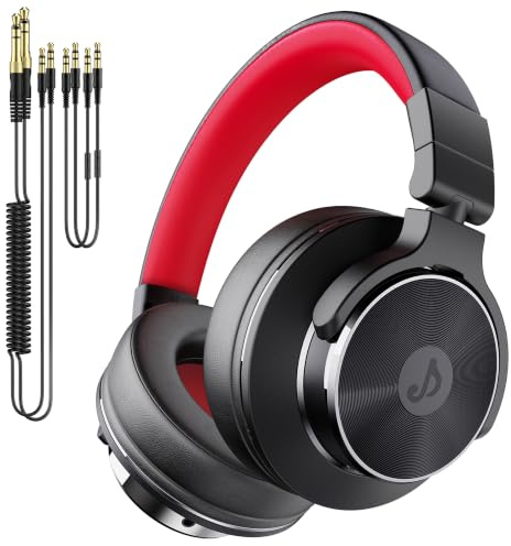 syndesmos Wired Over Ear Headphones DJ & Monitoring Headphones with 50mm Neodymium Drivers and 1/4 to 3.5mm Jack Headphone for DJ Studio Podcast AMP Recording Monitoring Guitar Electric Drum (Red)