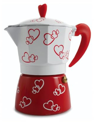 EMPOTEC Caffettiera Moka Express Cuoricini Caffè in Polvere Macinato Manico e Pomello PP Antiscottatura in Alluminio 3 tazze 15x8cm Bianco Rosso Cuori NO INDUZIONE