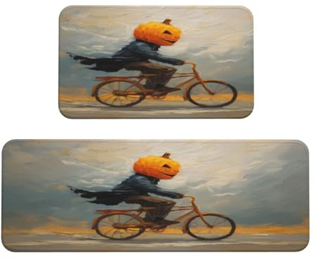 Woshuwo Set di 2 tappetini antiscivolo da cucina con zucca di Halloween, per guida, bicicletta, tappeto per lavanderia, cucina, decorazione
