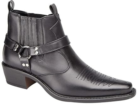 Outdoor Soul Mens Cowboy Style Cuban Heel Ankle Boots with Harness Detail, Western Pointed Toe