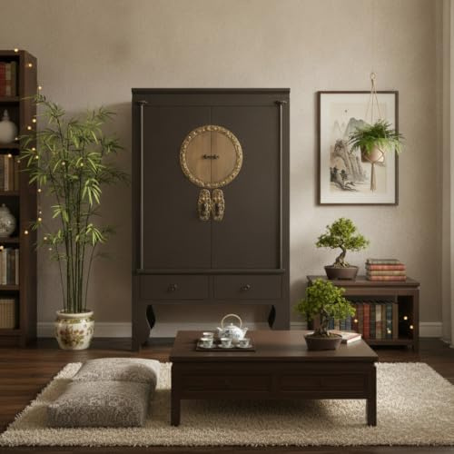 OPIUM OUTLET Armario de boda chino cómoda China asiático oriental estilo vintage Asia muebles armario madera completamente montado (marrón-gris)