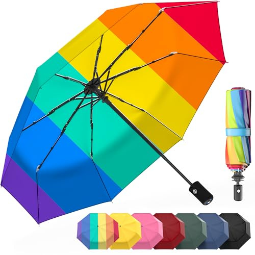 Rain-Mate Kompakt reseparaply – bärbart vikbart vindtätt miniparaply i ficka – automatisk öppning och stängning och 9 ribbade förstärkta baldakin (regnbåge)