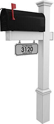 4Ever Products Vinyl Mailbox Post System - Includes Black Steel Mailbox and Custom Address Plate (White)