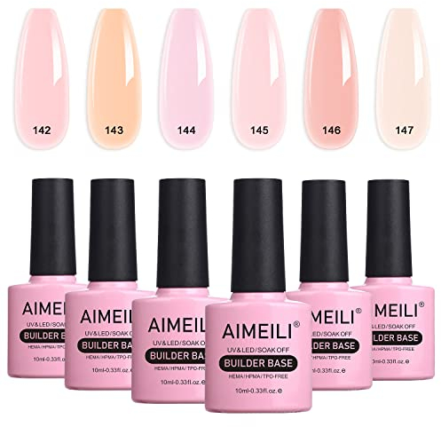 AIMEILI 8 in 1 Sheer Color Builder Nail Gel, Jelly Nude Gel Nail Polish Set Builder Nail Strengthener Extension False Nail Tips Glue Gel in a Bottle, 6pcs X 10ml - Gift Kit 35