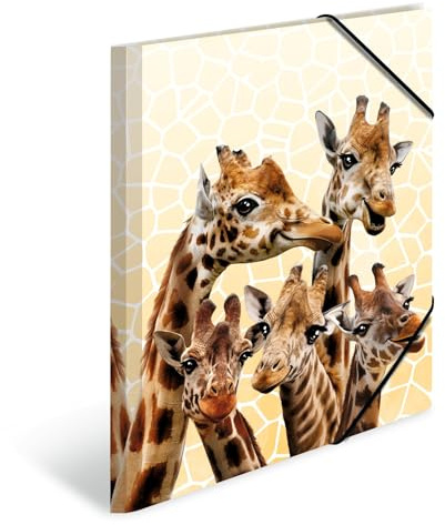 HERMA Portfolio Folder A4 Giraffe Children's Plastic Corner Folder with Animal Motif, Elastic Band, Inner Flaps and Inner Print for Boys and Girls