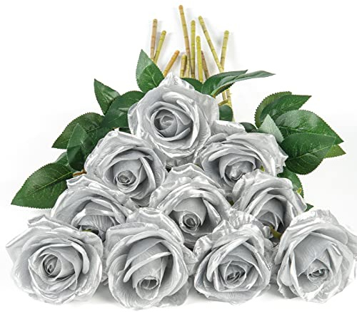 DuHouse Konstgjorda rosor, 10 st, falska silkesblommor, realistiska brudbuketter med enkla långa plaststjälkar för arrangemang, bröllop, bordsuppsats, fest, heminredning (silver) | Realistiska rosbuketter med enkla långa plaststjälkar för arrangemang bröllopsbord bordsuppsats fest heminredning