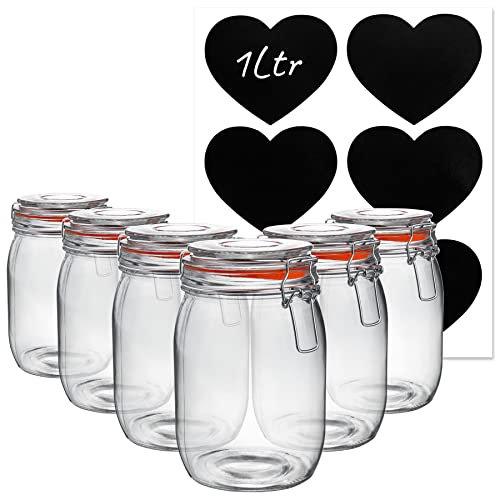 Argon Tableware Glass Storage Jars with Labels - Vintage Food Preserving Container - Clip Lid - 1 Litre - Orange, White, Clear & Black Seals - Pack of 6