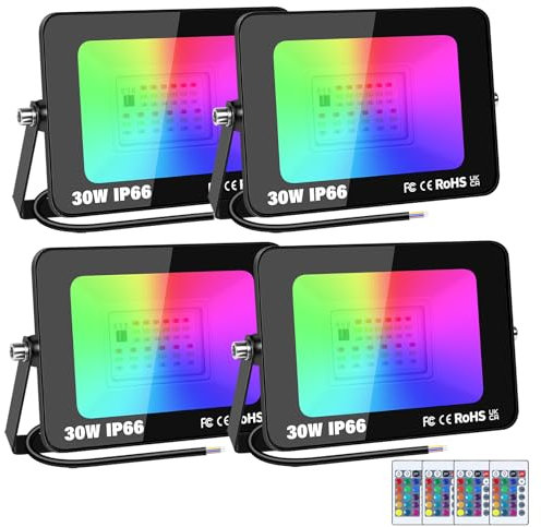 RIGIDON 4 Pack Outdoor RGB LED Floodlight, 30W Dimmable 16 Colour Changing Flood Lights for Garden, Courtyard, Landscap, Stage Decoration, IP66, Electric Mains Powered, Remote Control, 175-265V