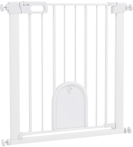 PawHut Dog Gate with Cat Flap Pet Safety Gate Barrier, Stair Pressure Fit, Auto Close, Double Locking, for Doorways, Hallways, 75-82 cm White