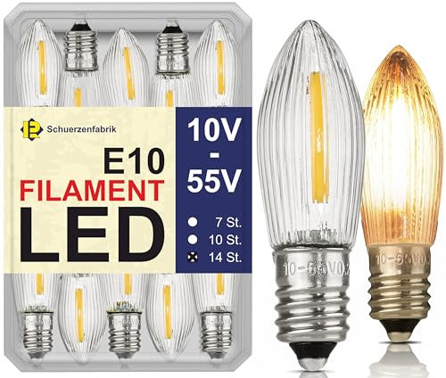 Schuerzenfabrik 14x Spitzkerze E10 LED Leuchtmittel Filament Universal Ersatzbirnen von 10V bis 55V 0.2W 2200K Topkerze für LED Lichterkette und Schwibbögen