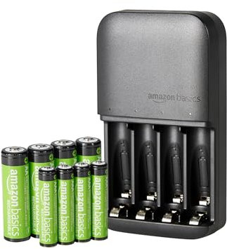 Amazon Basics pilas recargables NiMH, con cargador de pilas de 4 ranuras, enchufe de la UE, Paquete de 8 (4 AAA 800mAh + 4 AA 2000mAh), Negro