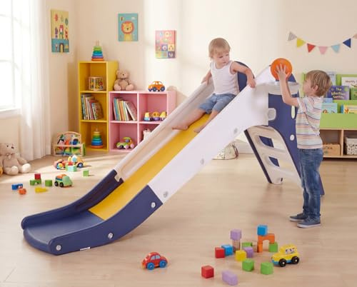 MAMIZO 3 in 1 Toddler Slide, Extra Long Baby Slide Climber Playset with Basketball Hoop & Ball, Non-Slip Steps, Freestanding Indoor Outdoor Playground (Blue Yellow)