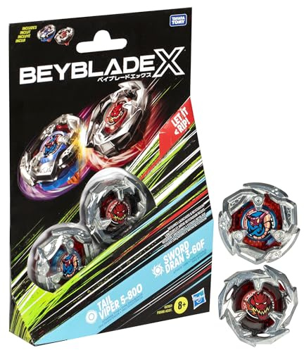 Beyblade X Tail Viper 5-80O and Sword Dran 3-60F Dual Pack Set with 2 Right-Spinning Tops; Battling Top Toys for 8 Year Old Boys and Girls