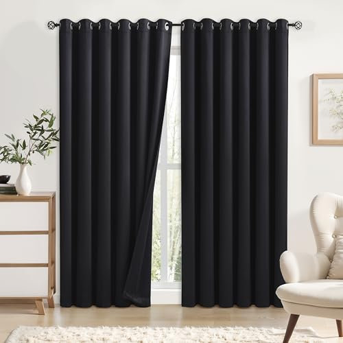 Bujasso Black Full Blackout Curtains 90 inches Thermal Insulated Room Darkening Draps for Living Room Bedroom Luxury Energy Saving Window Treatment Sets Grommet Top 2 Panels 90 Wx90 L