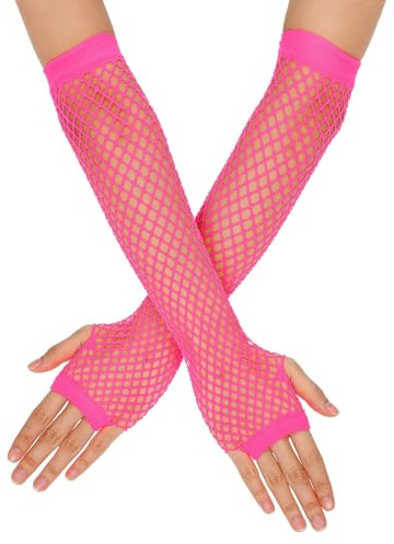 Lusofie 80-tal fisknätshandskar kvinnor flickor – nätnät heta rosa fisknätshandskar fingerlösa för halloween cosplay tillbehör tillbehör – 90-tal kostym tema fest fisknät ärmar (het rosa)