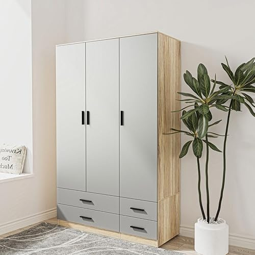 URBNLIVING Modern 3 Door 4 Drawer Wardrobe with Hanging Rail, Bedroom Furniture, Storage Shelf Clothes Organiser Stylish Design, Ample Storage Solution (Oak & Grey)