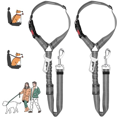 MOLHEM Confezione da 2 cinture di sicurezza per cani, regolabili, elastiche di sicurezza, per auto, anti shock, con imbottitura elastica (grigio)