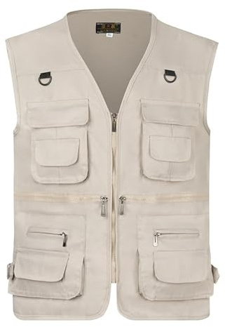AOTORR Men’s Fishing Vest Casual Outdoor Work Safari Fishing Photo Cargo Vest Summer Jacket With Multi Pockets Light Khaki XL