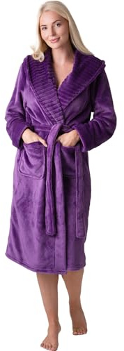 Camille Women's Supersoft Fleece Dressing Gown - Long-Sleeve, Calf-Length Bathrobe | Ribbed Collar, Wrap Belt Tie Fastening & Front Pockets | Warm Comfy Housecoat - Purple 22-24