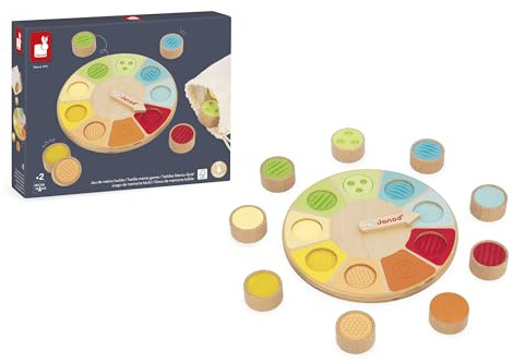 Janod - Jeu Mémo Touch en Bois - Jeu de Mémoire : Retrouver Les Textures Indiquées à l'Aveugle - Développe Le Sens du Toucher et la Coordination Main-Œil - Dès 2 Ans
