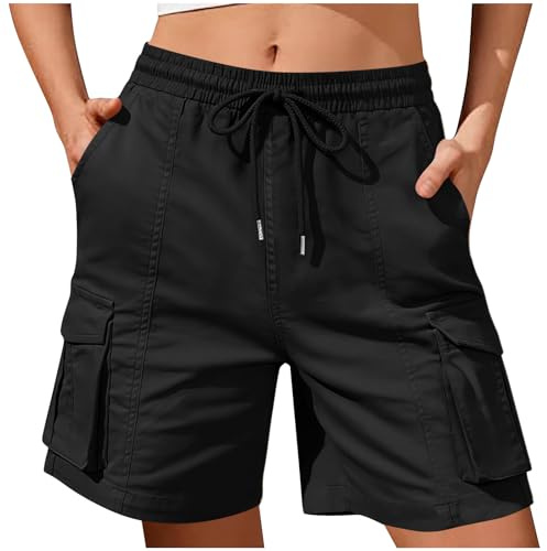 Cargo Shorts Women Elastic Waist Bermuda Cotton Work Shorts with Pockets 2026 Fashion Knee Length Drwastring Summer Pants Walking Golf Hiking Travel Casual Cargo Pants Y2K Trendy Streetwear Plus Size