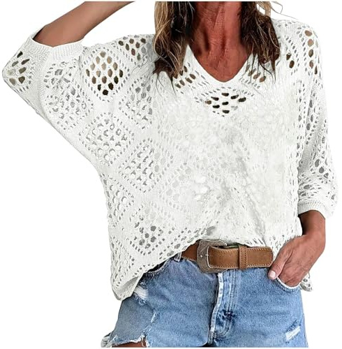 NSICBMNO Crochet Tops for Women UK Summer 3/4 Sleeve Tops Oversized V Neck T Shirts Batwing Tops Crochet Beach Cover Up Hollow Out Knit Sweater Pullover Long Tunic Top Swimwear Bikini Coverups