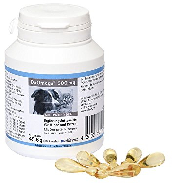 Alfavet DuOmega 500mg, für Hund und Katze, unterstützt trockene, gereizte Haut und Fell mit EPA und DHA, Ergänzungsfuttermittel, 60 Kapseln