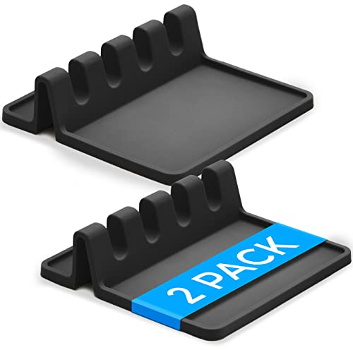 Repose Cuillère Cuisine, Pack de 2 – Pose Cuillère Cuisine avec Égouttoir – Porte Ustensiles Cuisine Thermorésistant, sans BPA – Ustensiles pour Poser les Spatules, les Pinces et les Louches (Noir)