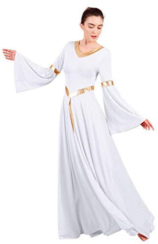 IWEMEK Women Metallic Bi Color V Neck Bell Long Sleeve Praise Dance Dress Liturgical Lyrical Worship Choir Church Robe Ballroom Dancer Performance Praisewear Dancewear Costume White L