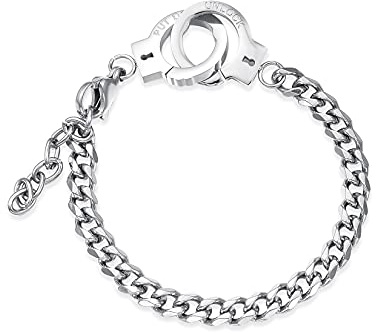 HMOOY Partners in Crime Stainless Steel Cuff Link Bracelet Adjustable Black Handcuff Statement Bracelet for Men, 7 pouces, Metal