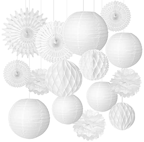 FEPITO 16-teiliges Weiße Lampions Pompons Hochzeitsdeko Set für Hochzeit Deko Gartenparty Geburtstag Party Babyparty Feier Veranstaltung Taufe Konfirmation Deko