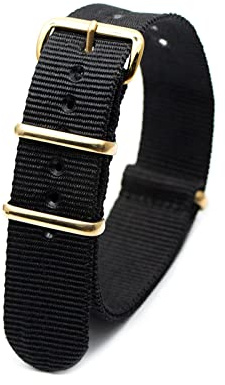 Elegantyl Uhrenarmband aus Nylon mit goldener Schnalle, Nylonstreifen, Uhrenzubehör, 18mm, 20mm, 22mm, 24mm, Schwarz, 20mm