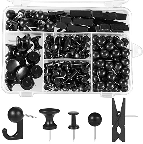 200 Pieces Push Pins Thumb Tacks Black Push Pins for Cork Board, 5 Style for Bulletin Boards Wall Maps Pictures Office Home Supplies