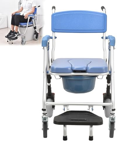 Sedia da Toilette Pieghevole, Sedia Wc con Rotelle, Sedia da Toilette/Doccia e Trasferimento per Pazienti Anziani Disabili e Donne Incinte, Quattro Ruote con Freni + Pedali Riponibili