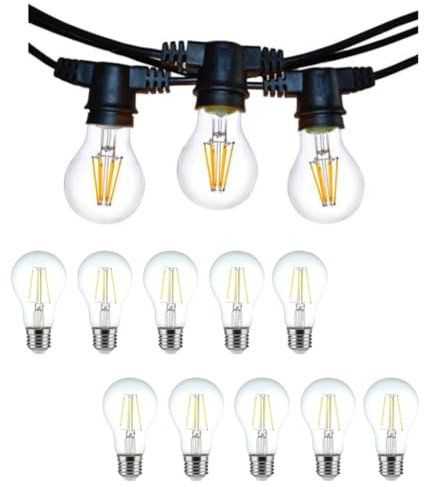 Catenaria cordoniera catena di luci LED E27 10 metri nera per esterno prolungabile + 10 lampadine led E27 4W 2700k calda A60 vetro