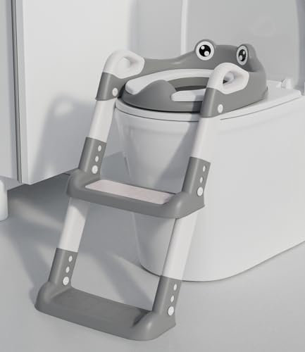 Toilettensitz Kinder mit Treppe, Toilettentrainer für Kinder, WC Sitz mit PU Gepolsterter, Höhenverstellbar und Faltbar, Rutschfest mit Spritzschutz Toilettenaufsatz Kinder(Grey)
