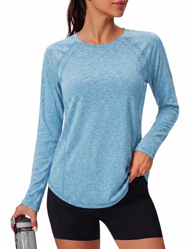 Gyabnw Long Sleeve Yoga Tops for Women Gym Running Tshirt Activewear Workout Pilates Sports Shirt Bright Blue