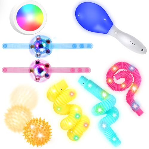 HOTUT Jouets sensoriels Maracas Lumineux à LED, 8 pièces Jouet Lumineux Enfant, Pop Tubes et balles sensoriels, Cadeaux pour l'Autisme et Le TDAH, Cadeaux de fête, Jouets Anti-Stress