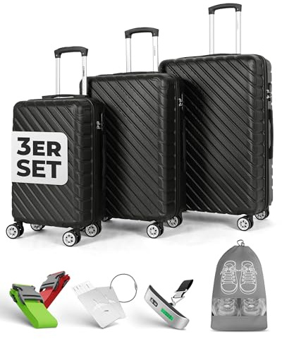 Onbest 3er Kofferset XXL Komplettpaket – Sichere und leichte ABS Hartschalenkoffer 20 24 28 mit Rollen – Reisegepäck Set: Reisekoffer, Trolley, Rollkoffer inkl. digitaler Kofferwaage (Schwarz)