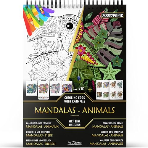 In Textu – Mandalas - Animales – Libro para Colorear para Adultos con Ejemplos Coloreados Inspiradores – Papel Premium 200 g/m² – Encuadernación en Espiral Fina – Cuaderno de Colorear Relajante
