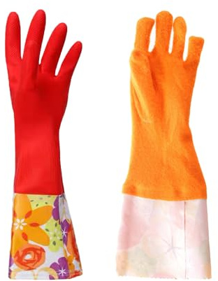 Codian Household Waterproof Kitchen Gloves, Long Cuff Rubber with Floral Pattern, Fleece-Lined Interior, Non-Slip Texture for Dishwashing and Cleaning, (1 Pair)