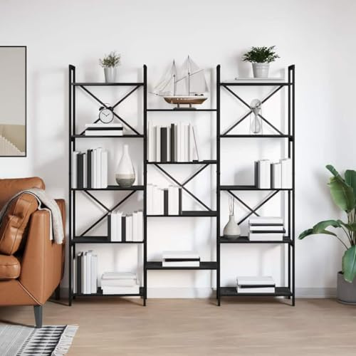 Fangmaliuyun Libreria rovere nero 156×25×167.5 cm scaffale alto con ripiani a gradini, struttura a croce e piedini regolabili, materiale in legno