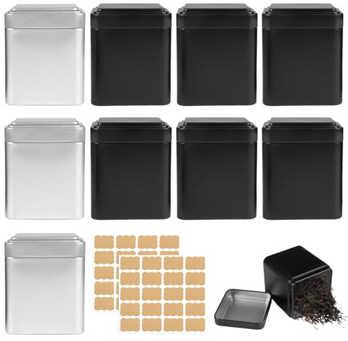9 Piezas Clásicos Rectangulares para Té Suelto 8.5x7x7 cm, Recipiente para Té Suelto, Incluye 40 Etiquetas, Metálicos Rectangulares de Latas, Apilables, Herméticos, para Especias, Granos de Café