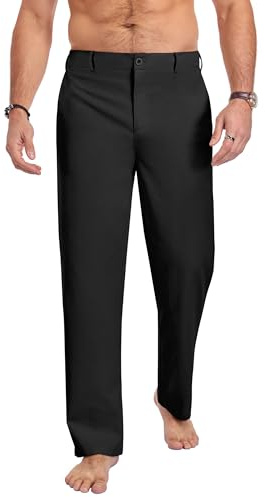 Puimentiua Pantalones de lino para hombre, pantalones largos de traje, ligeros, pantalones de verano con cintura elástica y cordón, cremallera, transpirables, para vacaciones, playa, uso diario, Negro