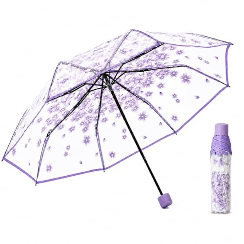 Paraply transparent damer, manuellt fickparaply genomskinligt vikbart liten, klart paraply med Sakura-mönster och matt handtag, lätt reseparaply för bröllop, vardag, fotografering